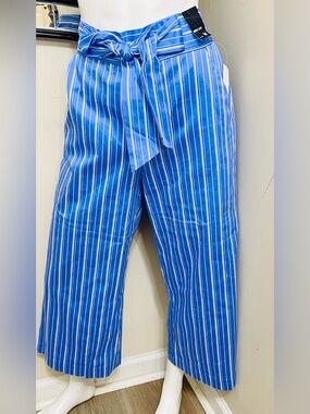 High-Rise Blue Striped Tie-Waist Capris